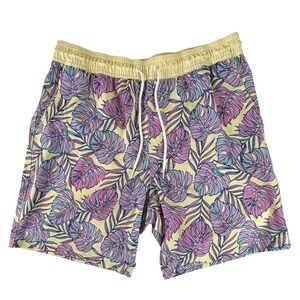 Blue Crown Mens Tropical Monstera Leaf Swim Trunks Yellow Pink Size L